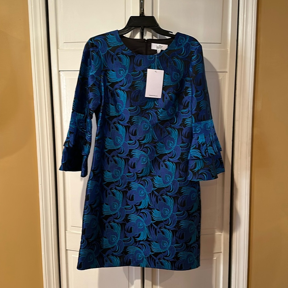 Belle Badgley Mischka Dress Womens 8 Blue Sheath  Floral Embroidered Bell Sleeve